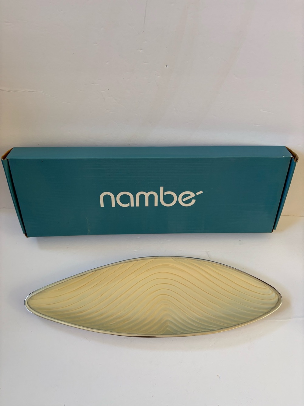 Nambe Earth Collection Oval Serving Plate Bowl Wave Pattern Enamel Cream Silver